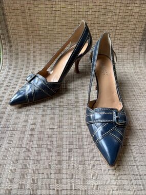 Franco Sarto Navy Pointed Slingback Pumps with Contrast Stitching